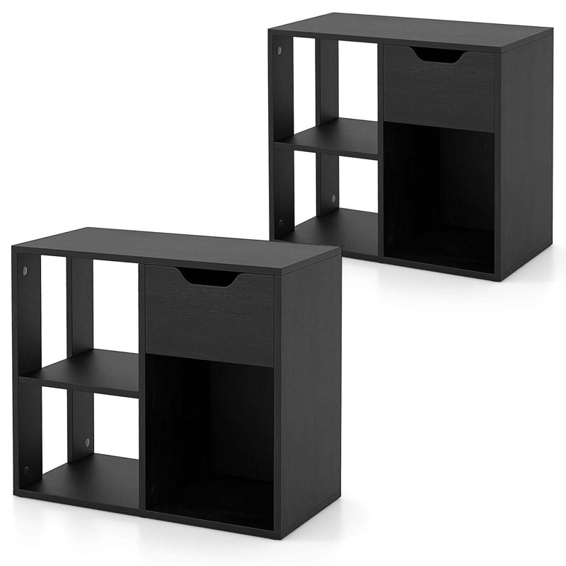 Organisateur de bibliothèque 2 cubes 3 cubes avec tablette de rangement en bois à 2 niveaux et tiroir coulissant 