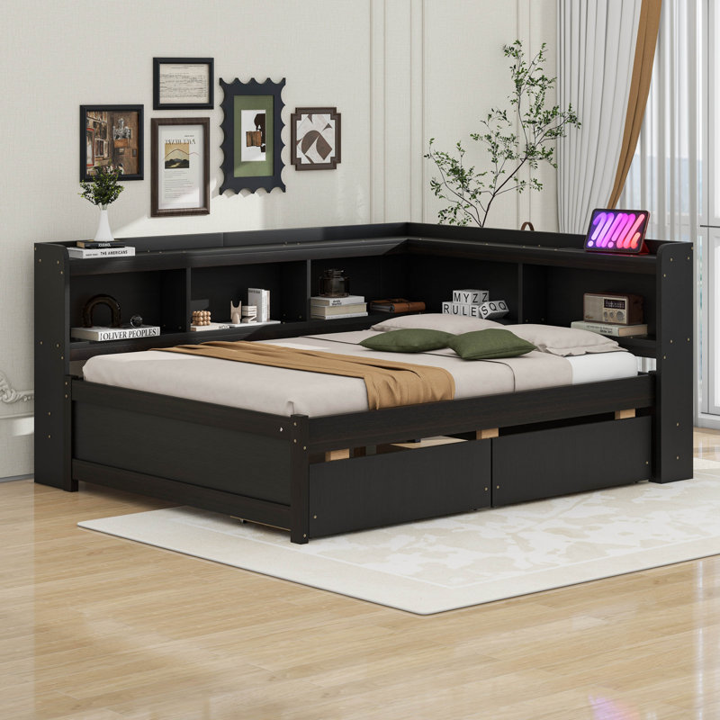 Lit de jour moderne avec bibliothèques en forme de L, cadre de canapé-lit en bois avec 2 tiroirs, Espresso, Double