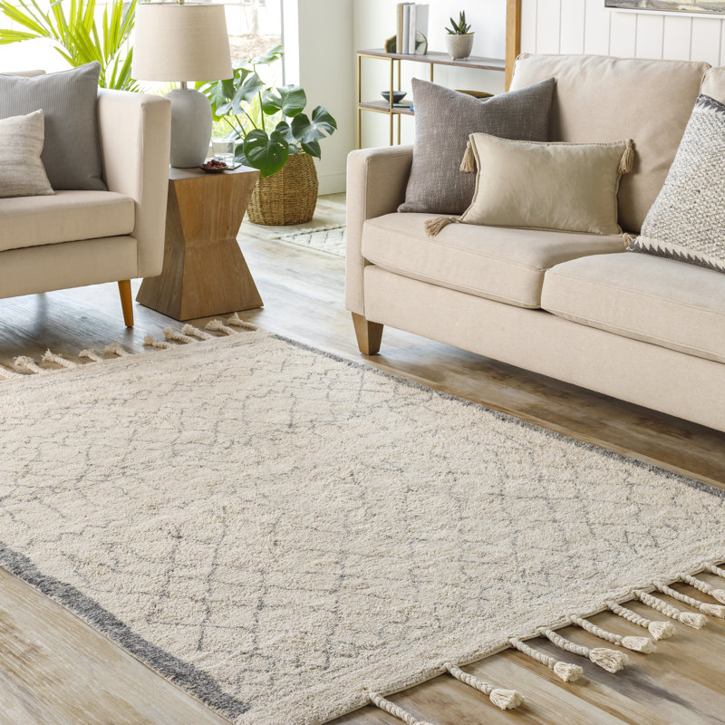 Tapis gris / crème en coton fabriqué à la main Clover, Rectangle 8 pi x 10 pi