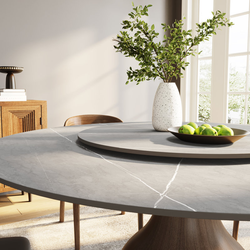 Ikerne Gray Dark Wood Dining Table With Lazy Susan Round For 6-8, 29.52”H x 59.05”L x 59.05”W
