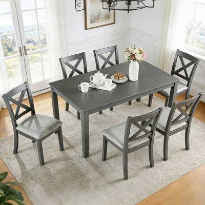 Ensemble de salle à manger en bois massif 7 pièces avec table et 6 chaises rembourrées à dossier en X