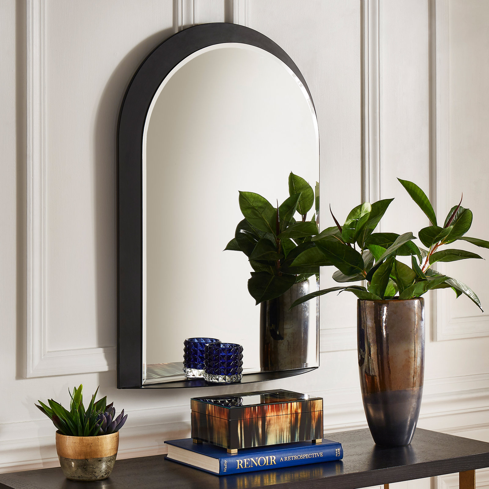 Wendolyn Metal Arch Mirror with Shelves, Black