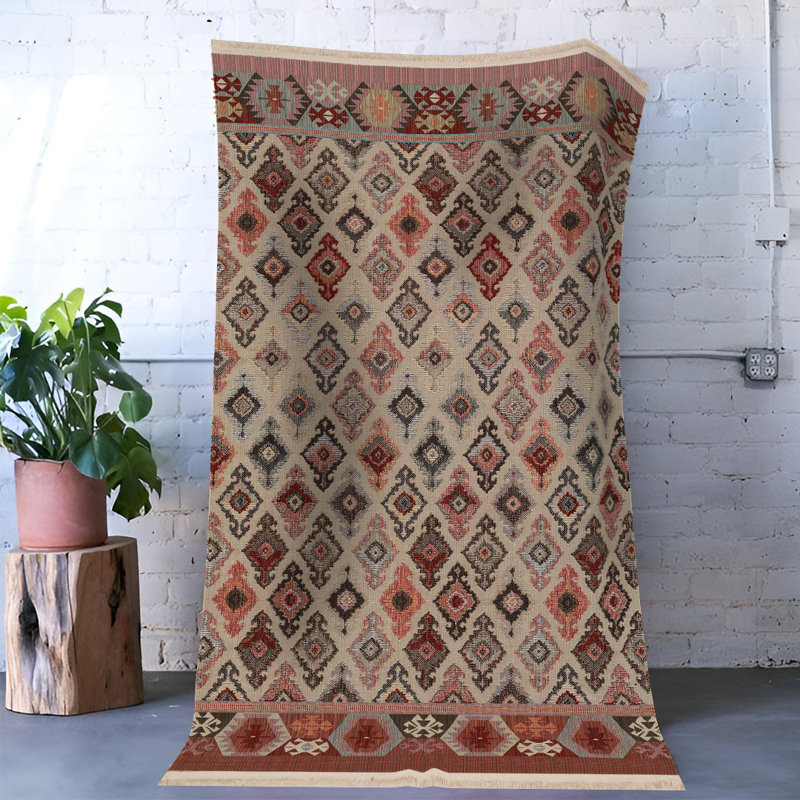Tapis décoratif multicolore à motif de croix traditionnel beige, Rectangle 3 pi 3,37 po x 4 pi 11,06 po