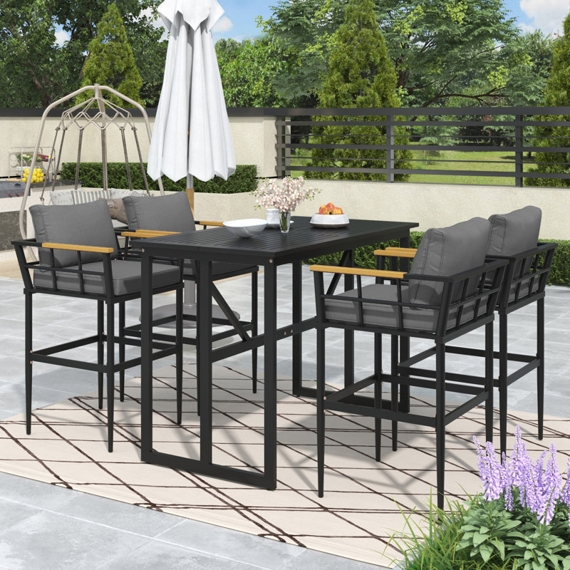 Ensemble repas en fer avec accoudoirs en bois d'acacia adapté au patio, Gris foncé
