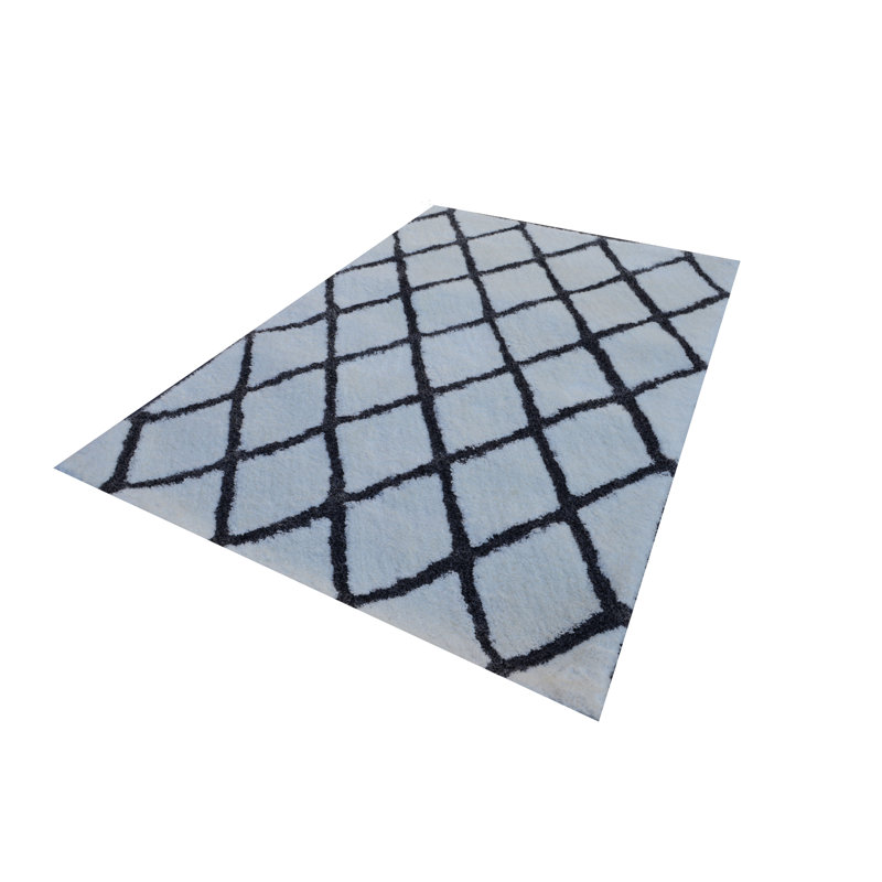 Tapis décoratif gris à poils longs fabriqué à la main à motif géométrique Odalis, Rectangle 8 pi 9 po x 11 pi 9 po
