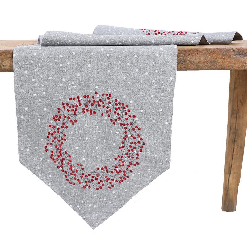 Isakson Holly Berry Wreath Embroidered Table Runner, 70" L x 15" W, Gray