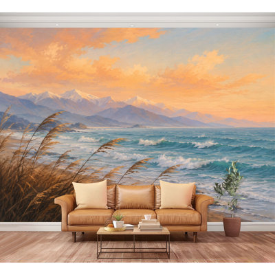 Papier peint auto-adhésif paysage serein Vagues de gazon sur fond de montagne Papier autocollant amovible pour décoration de salon Chambre à coucher H 100 po x l 144 po