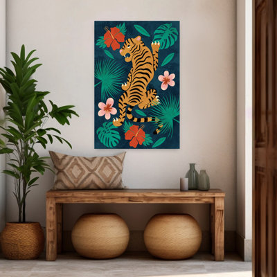 Art contemporain rétro, chat abstrait, hibiscus, palmier, art tropical