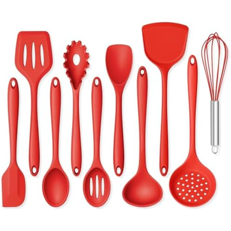Ensemble de 10 ustensiles de cuisine en silicone rouge, non toxiques et résistants à la chaleur.