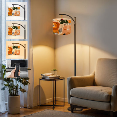  Arc Floor Lamp Seamless Jungle animals Hand drawn For kids Tall Modern Standing Lamp LED Adjustable Linen Lampshade 3 Color Temperatures