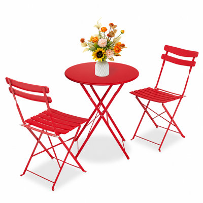 No-Assembly Folding Patio Bistro Set for 2, 3-Piece Steel Table & 2 Chairs - Space-Saving - Powder-Coated Mark & Rust-Resistant - Solid Steel Top - Balcony/Porch/Garden