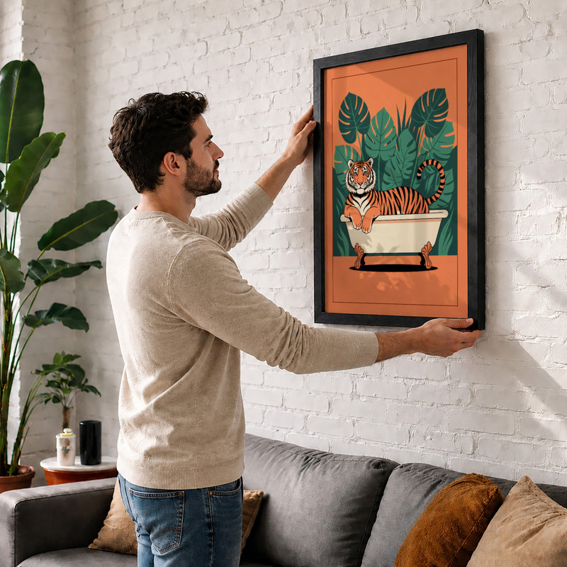 Tiger in the Tub Modern - Framed Print, A2 - 59.4 x 42.0 cm, White
