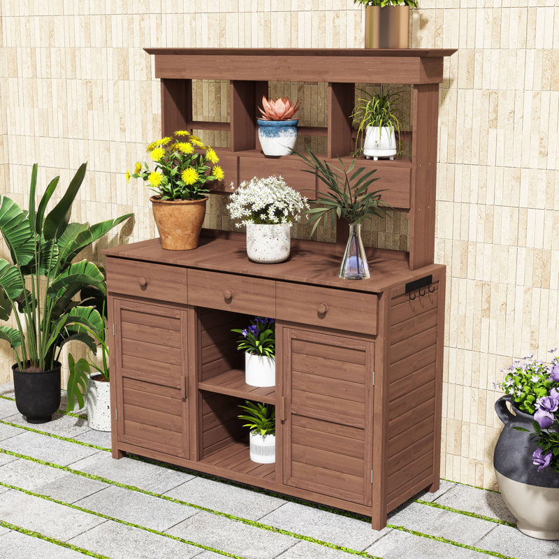 Table de jardin haute avec huche, 6 tiroirs, tablettes, 2 armoires et crochets, Brun