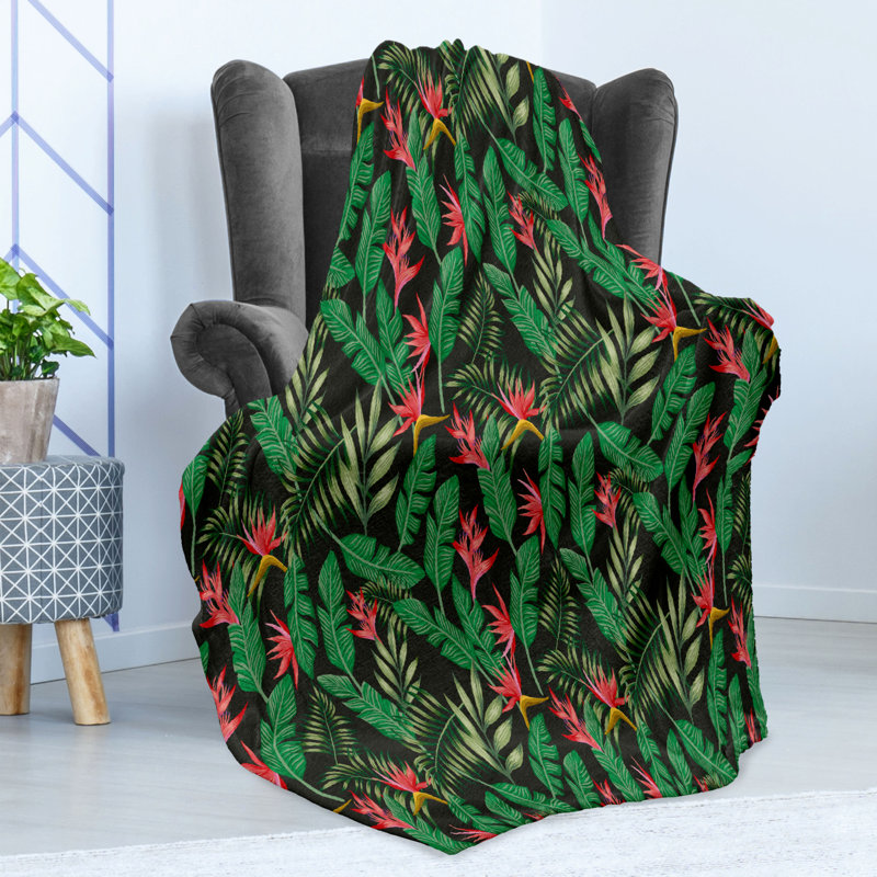 Ambesonne Plants Fleece Throw Blanket Exotic Botanical Pattern Multicolor, 50" W x 60" L
