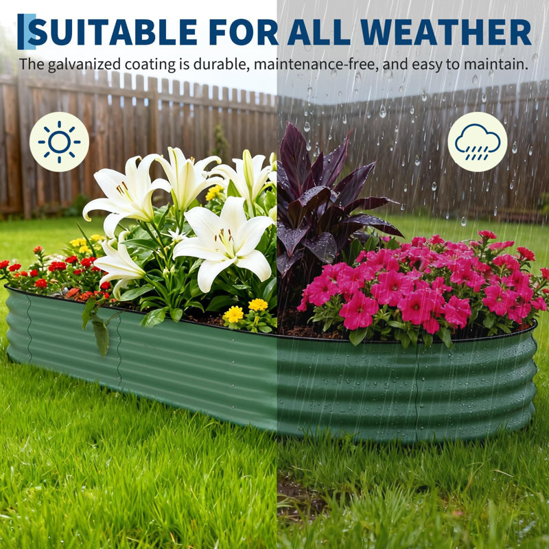 10x4x1.5 ft Galvanized Raised Garden Bed, Heavy-Duty Oval Metal Planter Box with Open Bottom & Safe Edges 2-Pack, Green