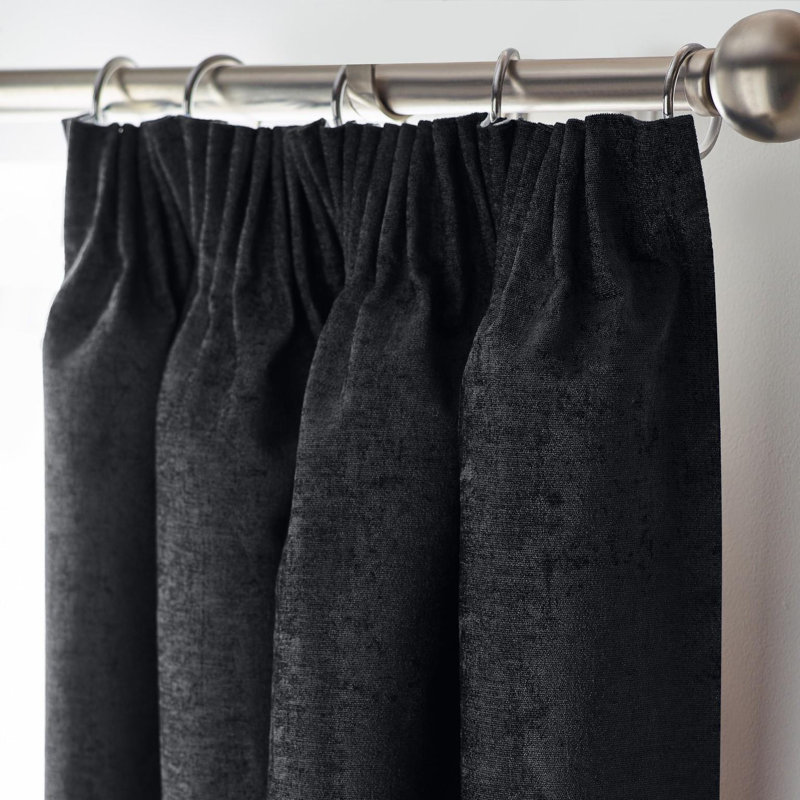 Eilfried Chenille Pencil Pleat Taped Top Curtains, 229cm Width x 183cm Drop, Black