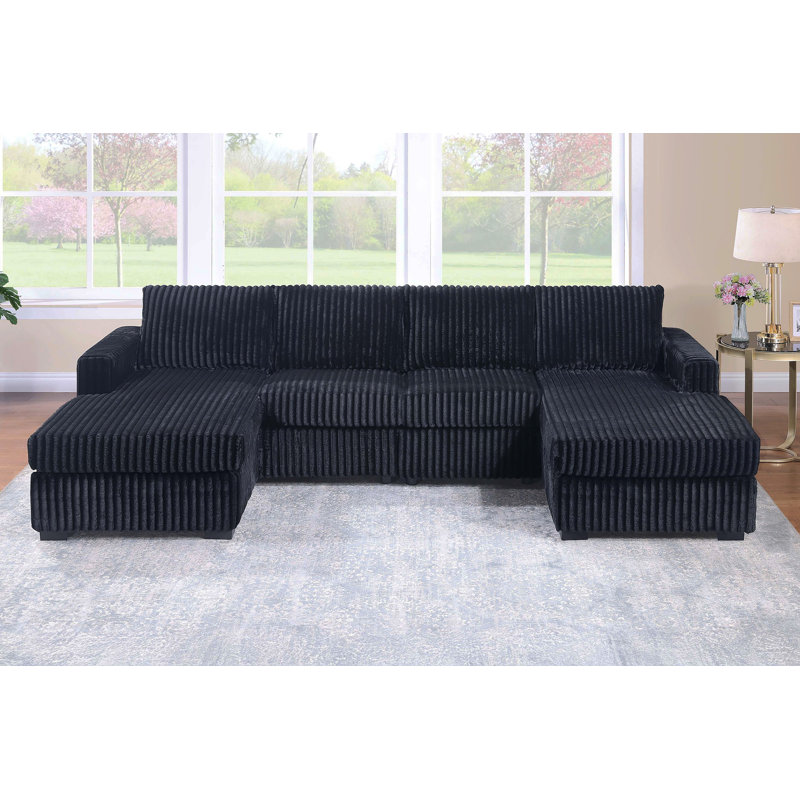Black Finish 3Pc U-Shaped Sectional Set Cushion Back Armless Chairs Right Arm And Left Arm Chaise Primary Living Room Comfortable For 4 People