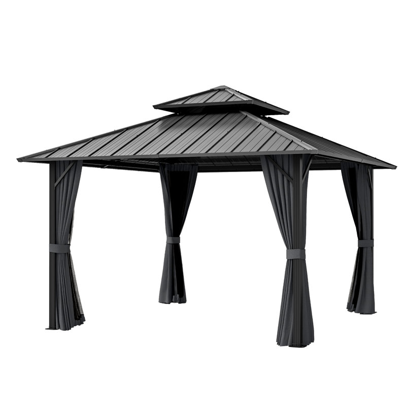 Double Roof Hardtop Metal Patio Gazebo with Curtains and Netting, Gray, Gray, 77.4"H x 122.4"W x 122.4"D
