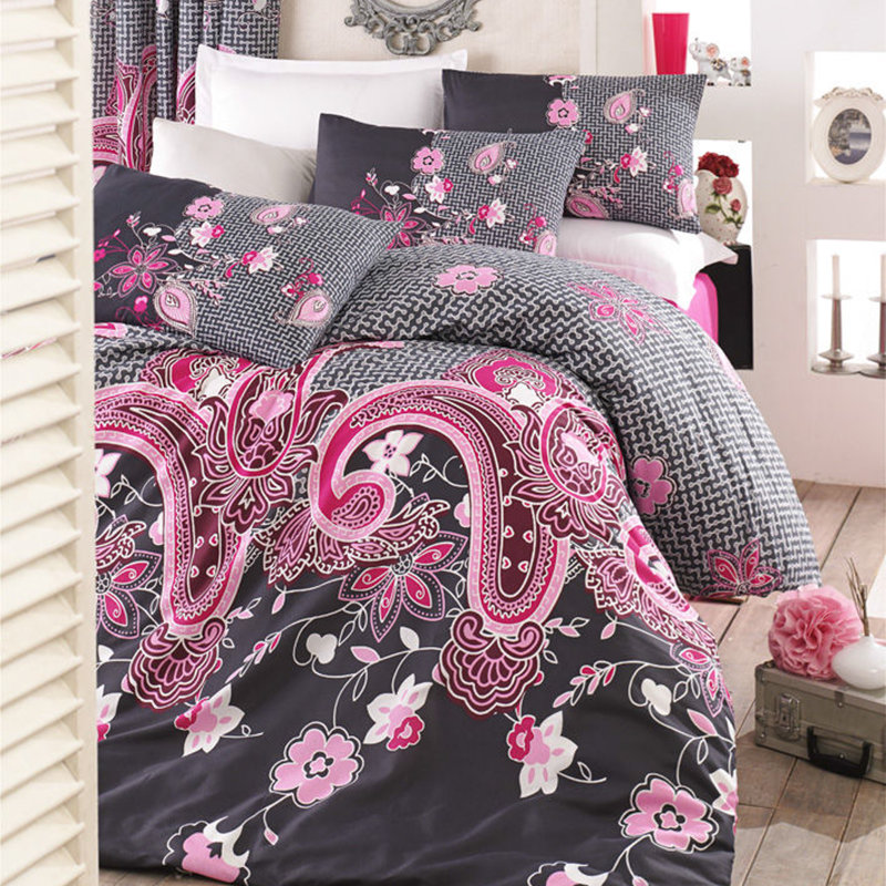 Ensemble de housse de couette 3 pièces en mélange de coton rose / noir / gris Latorre