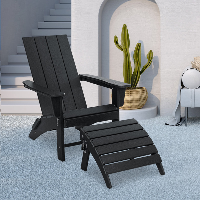 Tulloch Foldable Outdoor Adirondack Chair With Ottoman, Black