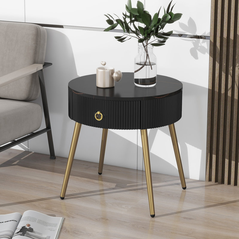Modern Side Tables Set With Faux Marble Tops And Design, Black