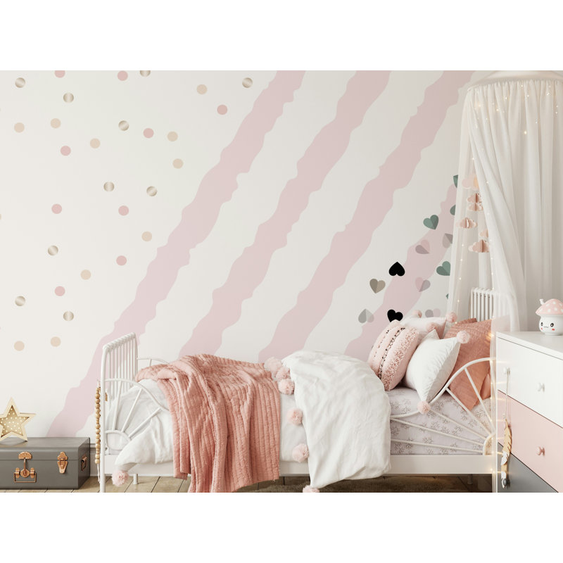 Papier peint rose à motif de cœurs et de confettis à rayures roses, L 106 po x l 187 po