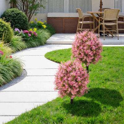 Paquet de 2, topiaire artificielle avec piquet de sol, arbustes artificiels de 23 po de hauteur avec fleurs, plante à feuilles persistantes résistante aux rayons UV pour jardin de véranda, rose