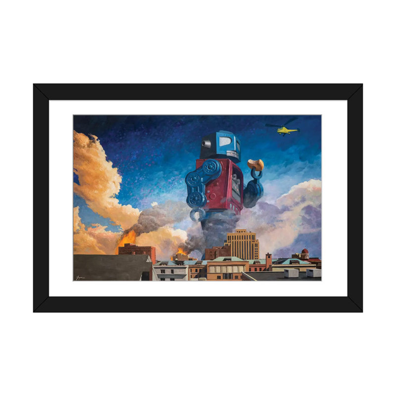 Lunchtime Robot Blue and Red Canvas Print with Black Frame