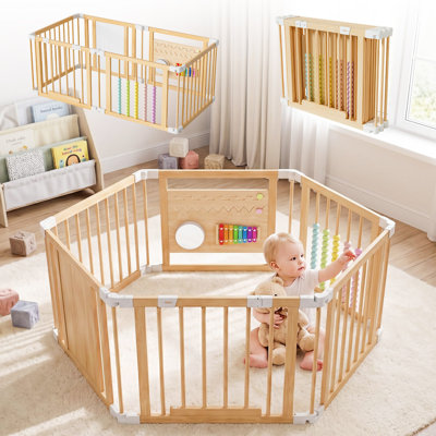 Playpen for Babies And Toddlers, Adjustable, Foldable Wooden Baby Playpen Activity Center