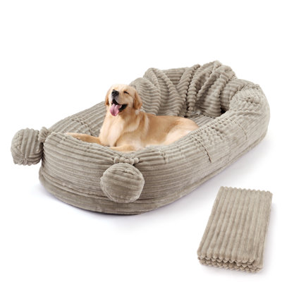 Human Sized Dog Bed for Adults & Large Pets – 71"x45"x12" Orthopedic Pet Sofa with Blanket, High-Density Foam, 2 Storage Pockets, Removable Washable Faux Fur Cover, Non-Slip Bottom – Khaki