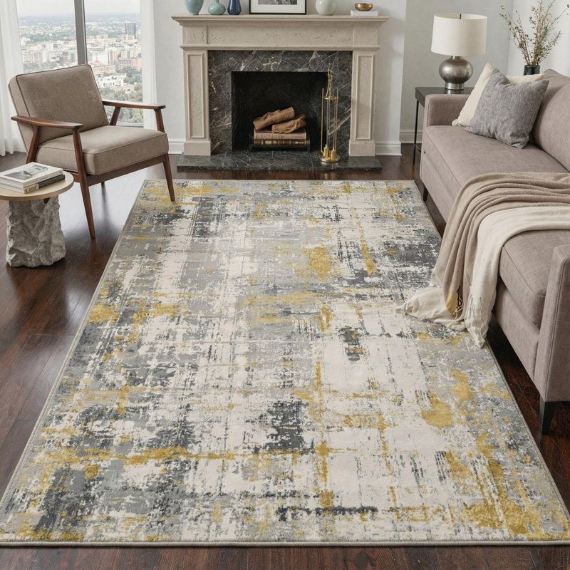 Modern Brush Strokes Machine Washable Gilded Slate Indoor Area Rug With Non-Slip Backing, Rectangle 8' x 10'