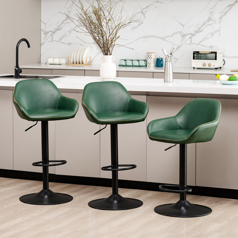 Mid-Century Modern Leatherette Gaslift Adjustable Swivel Bar Stool, Green