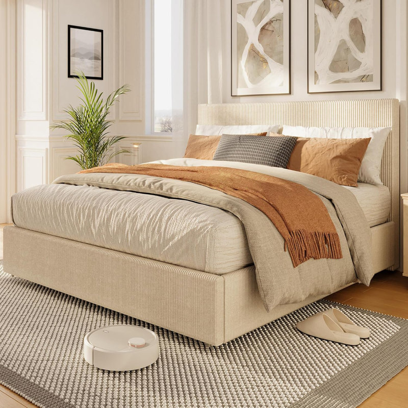 Upholstered Channel Tufted Wingback Headboard Bed Frame with Strong Wooden Slat Support, Full