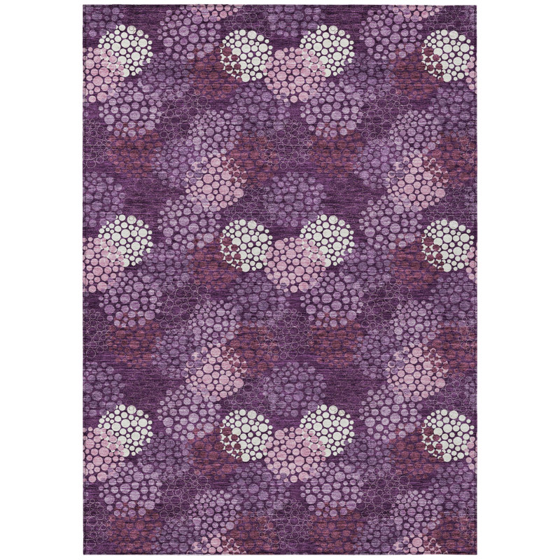 3' X 5' Eggplant Lavender And Ivory Polka Dot Washable Indoor Outdoor Area Rug