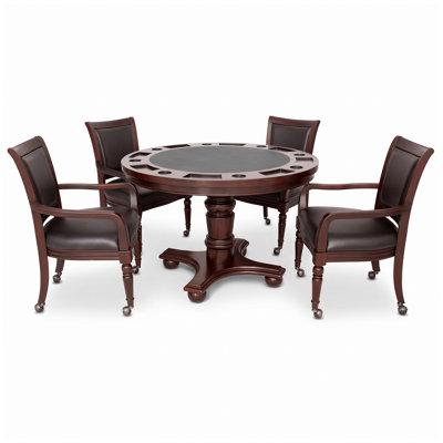 Hathaway Bridgeport Round Poker Table and Chairs Set - 2 in 1 Game Table with Dining Top, Drink Holders, Chip Slots, Birch Hardwood Pedestal Base, Four Padded Armchairs, Seats Eight, Walnut