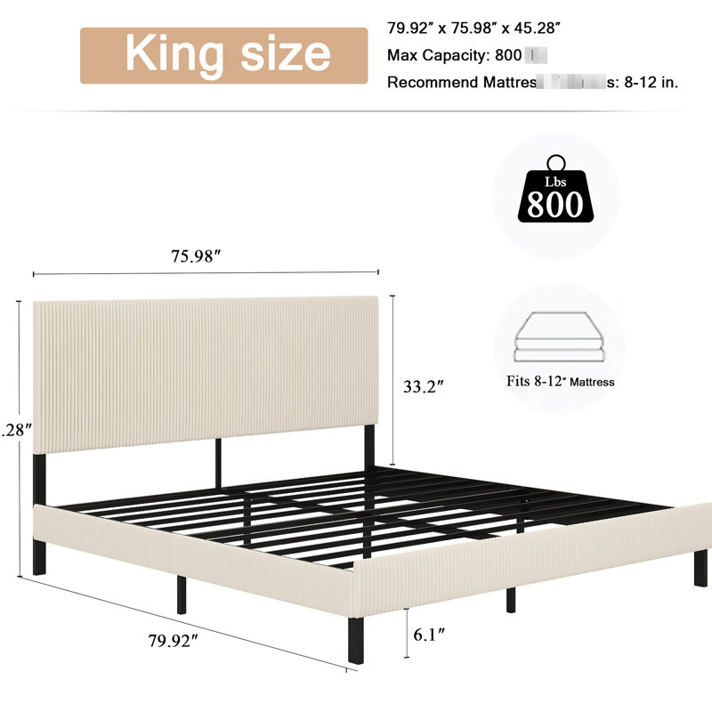 Structure de lit beige très grand avec tête de lit en métal pour la stabilité, un sommeil silencieux, un assemblage facile, une structure stable bandée décorative pour la chambre à coucher, une plateforme confortable, une configuration