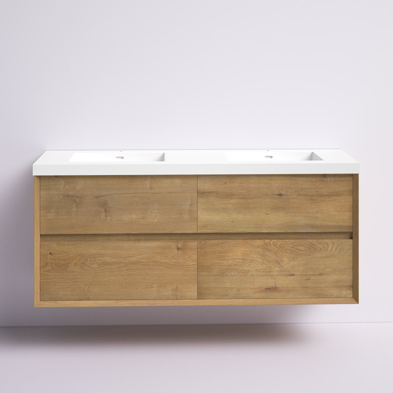 Ensemble de meuble-lavabo double mural 60 po Audrieana, Chêne foncé