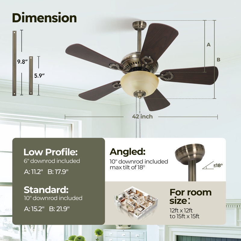Ventilateur de plafond standard à 5 pales de 42 po Ordaz, Brun, Brun, Brun