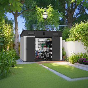 Outdoor 10ft×7ft Resin+Steel Frame Weather-Resist Storage Shed  with Floor Ventilation,Rust-Proof,Easy Assembly
