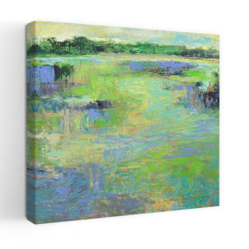 Art contemporain de nature humide avec ciel jaune abstrait, H 18 po x l 18 po