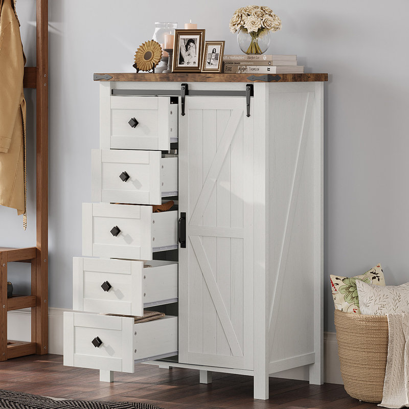 Commode haute de style ferme Chiara Despres 80 cm (31,5 po) à 5 tiroirs avec portes coulissantes de style grange, blanche