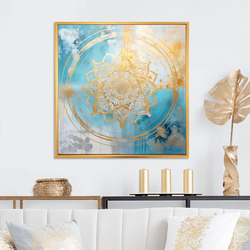 Divine mandala délicat or délicat turquoise - Boho Mandala, art mural sur toile, 16" H x 16" W, White Picture Framed