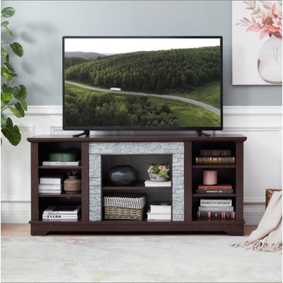 Meuble télé avec entourage en faux pierre, console de divertissement moderne avec espace de rangement ouvert, cerisier, l 58,31 po x P 15,39 po x H 26,06 po