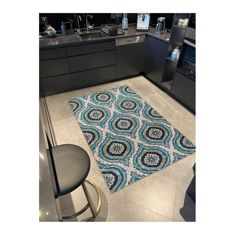 Tapis bleu tissé lavable à la machine, Sous-tapis carré 4 pi 11 po inclus