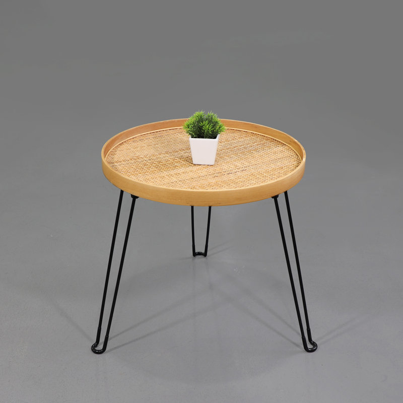 Round Wood And Rattan Side Table, Foldable Table With Metal Tripod, Rattan Round Tray Top, Boho Style, Chic Coffee Table, Foldable Side Table