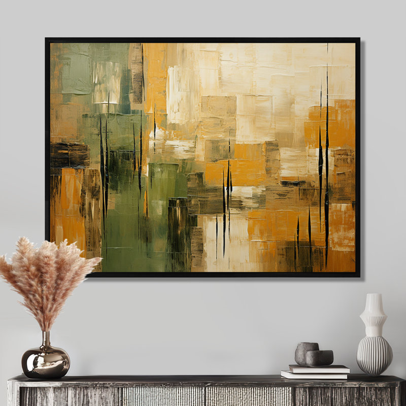 "Green beige Wild Essence Collage I - Tachisme", art mural sur toile, H 16 po x l 32 po, Reproduction avec cadre flottant