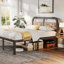 Queen Size Black Metal Platform Bed with 40-Inch Solid Wood Headboard, Underbed Storage, Noise-Free Support, No Box Spring Needed