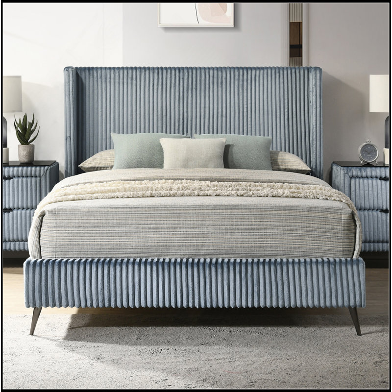 Wide Wale Corduroy Upholstery Panel Bed, Blue, Queen