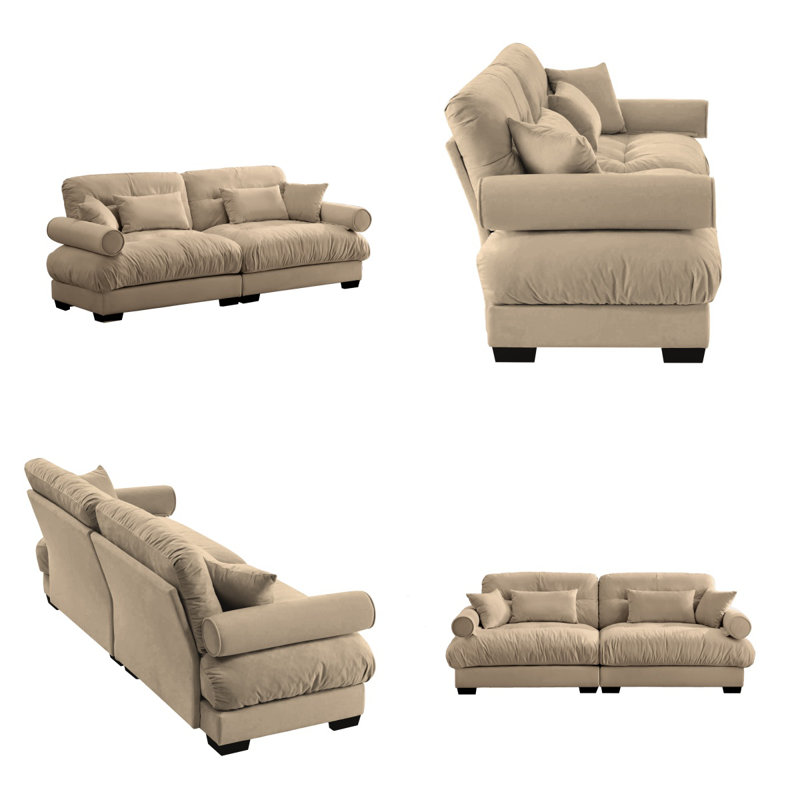 Grand canapé double moderne en velours avec coussins lombaires et coussins décoratifs avec accoudoirs renforcés, Brun