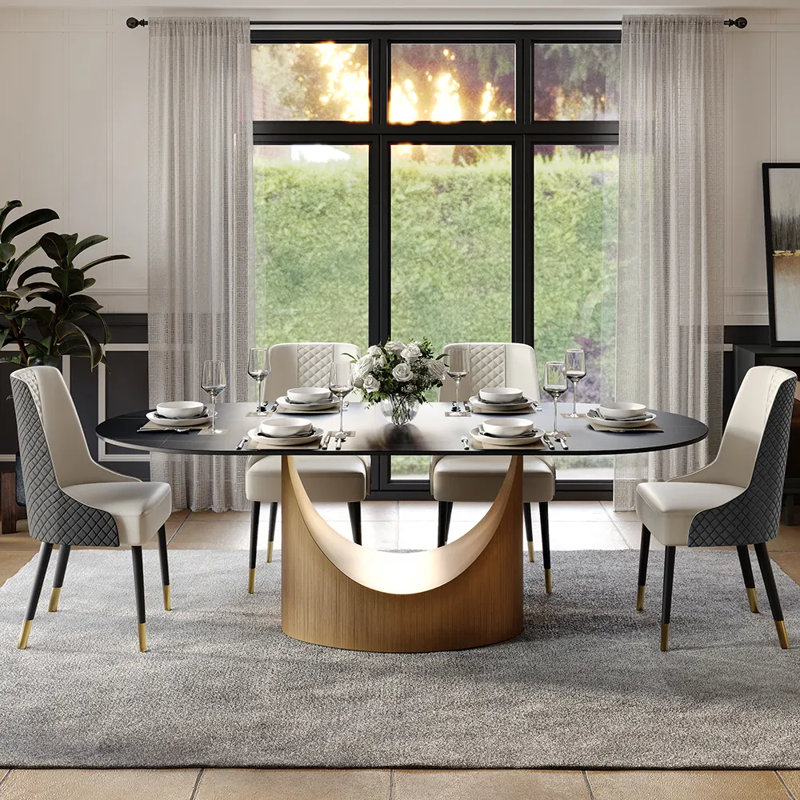 Modern Minimalist Oval Dining Table with Sintered Stone Tabletop & U-Shaped Leg for 6 to 8, Perfect for Kitchen and Living Room